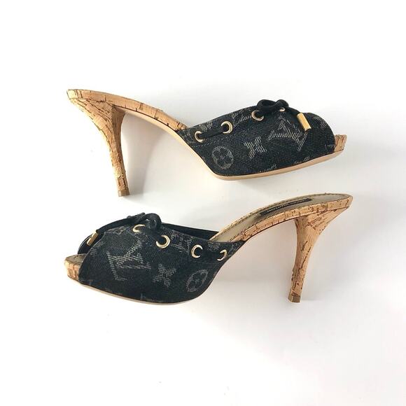 Louis Vuitton Retro Vintage Monogram Bow Denim Slides Mules Sandals 36.5 - Picture 6 of 11